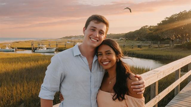 Diego and Elena smiling together at sunset